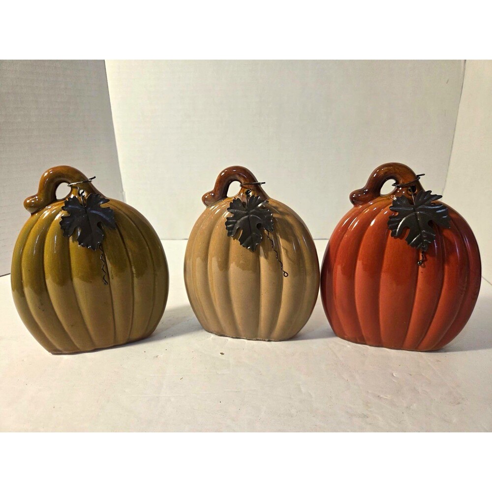 Set of 3 Ceramic Pumpkin Figurines Multicolor Metal Leaf Accents 6" Glossy